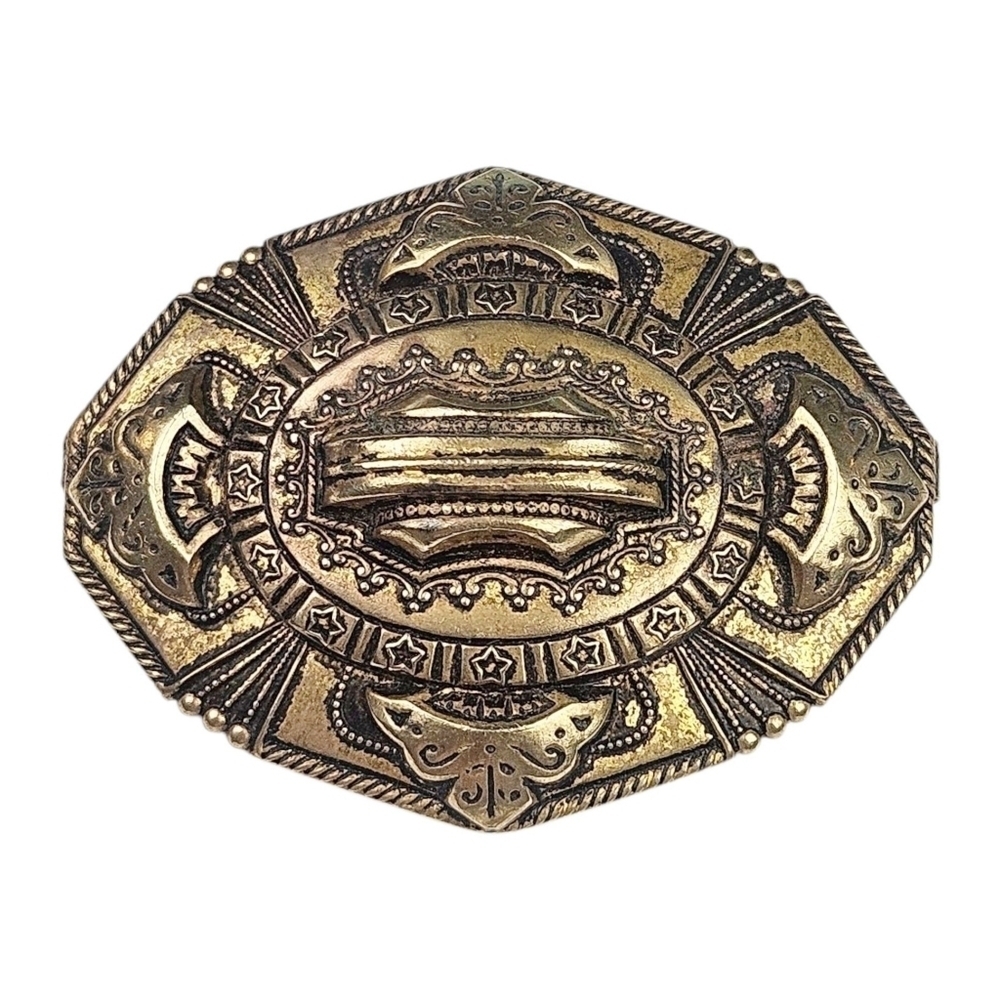 Vintage Art Deco Brooch Fleur-de-lis Star Domed Antiqued Brass Oval 1940s 2.25"